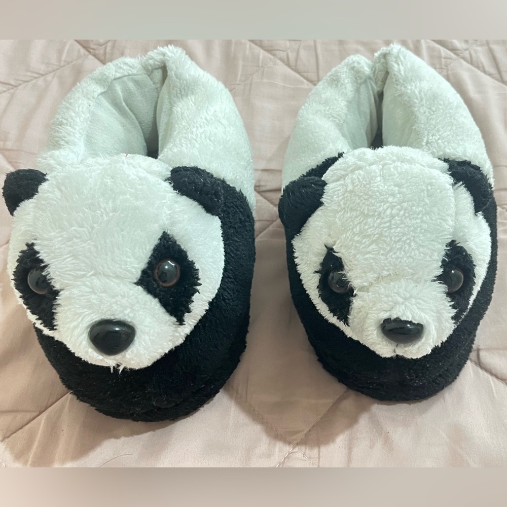 Panda Plush Kids Slippers - Black and White